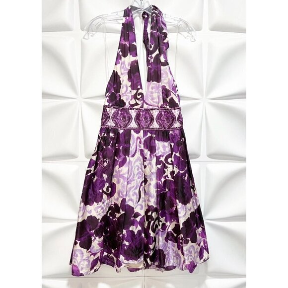Adrianna Papell Sz 8 Purple Silk Blend Floral Print m Deep V Neck Halter Dress - Picture 1 of 5